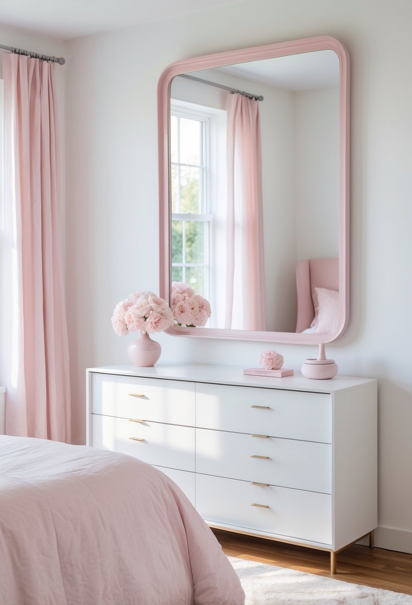 A white dresser with a pink-framed mirror in a bedroom decorated with pink and white colors.