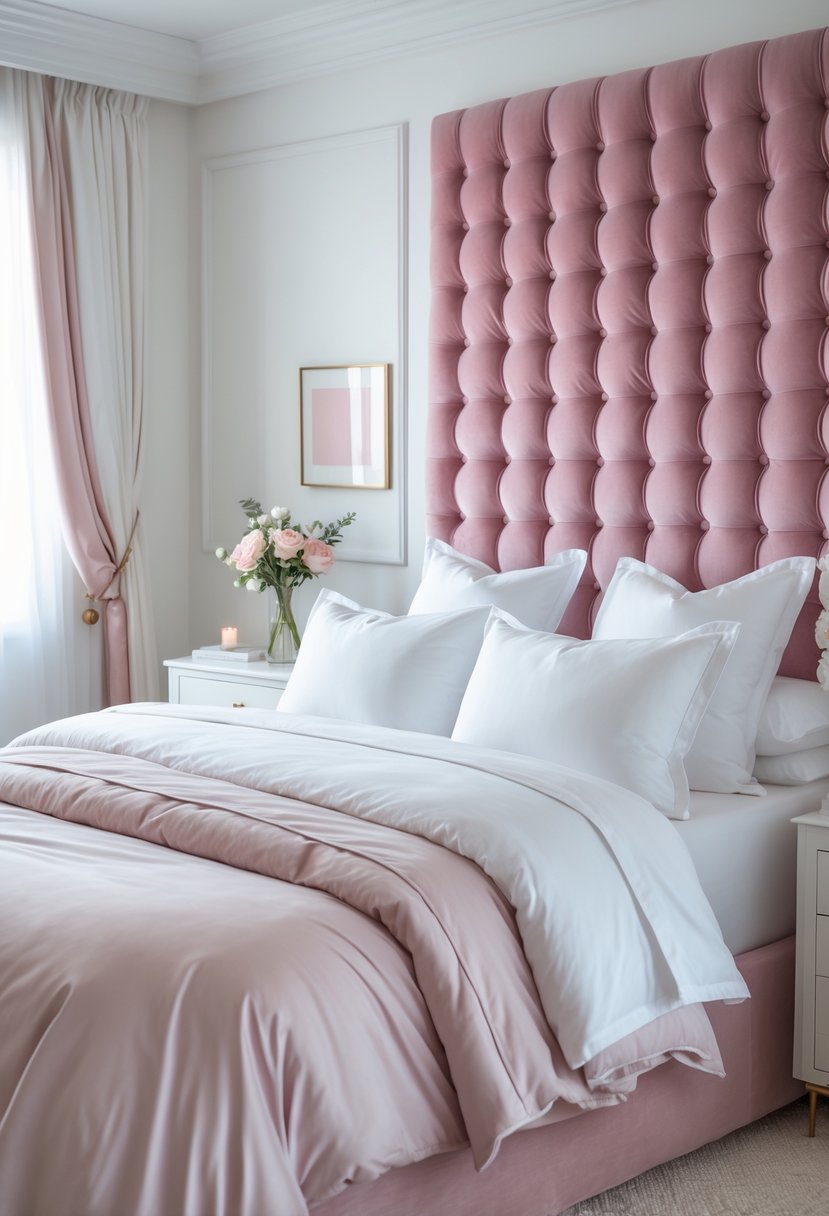 A bed with a pink velvet tufted headboard and white linens in a softly lit bedroom.
