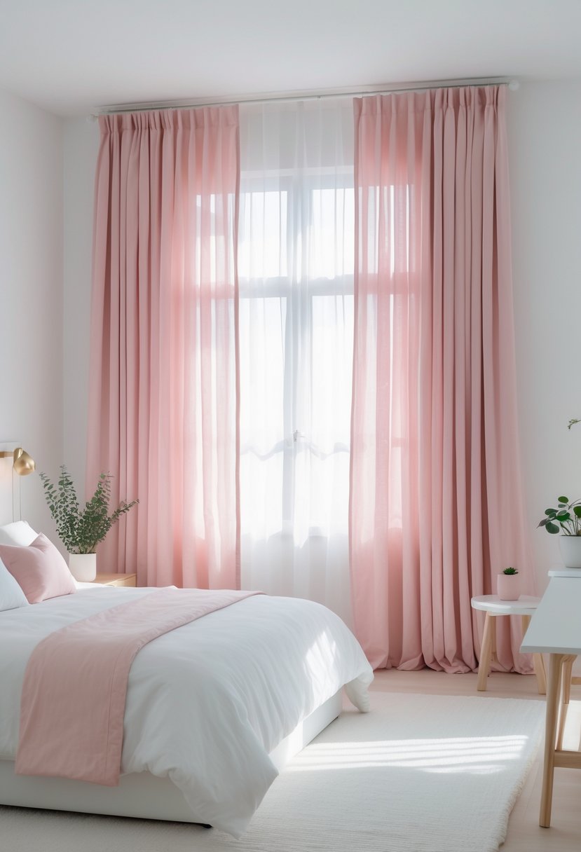 A bedroom with white walls, blush pink curtains, a bed with white and pink bedding, and natural light coming through the window.