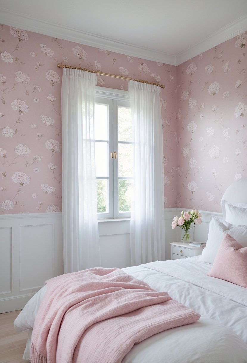 Bedroom with pink floral wallpaper, white wainscoting, a bed with white and pink bedding, and natural light coming through a window.