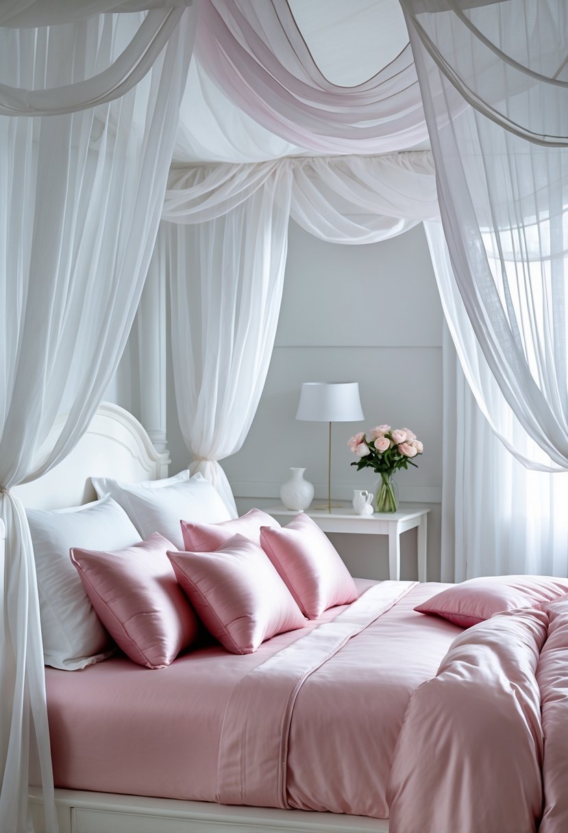 A white canopy bed with pink silk bedding in a pink and white bedroom.