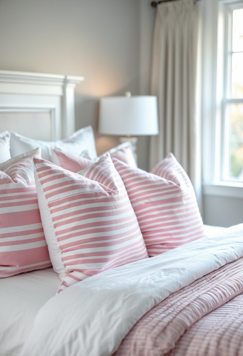 A bedroom with a bed decorated with pink and white striped throw pillows and white bedding.