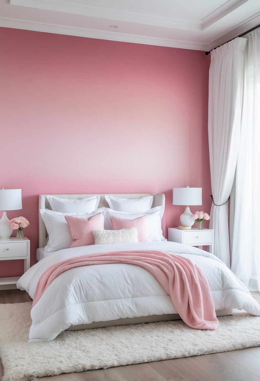 A bedroom with a pink ombre accent wall and white furniture, including a bed and nightstand, brightly lit by natural light.