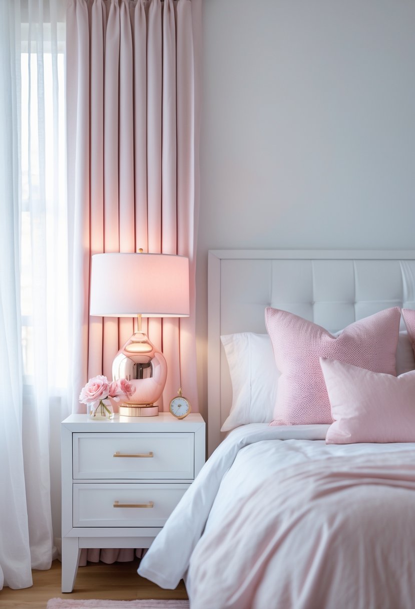 A bedroom with white nightstands and pink rose gold lamps, featuring pink and white bedding and decor.