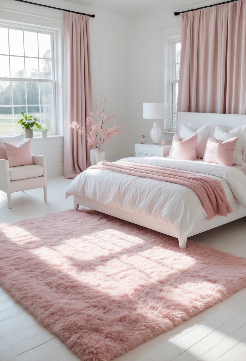 A bedroom with a blush pink rug on white hardwood floors, white bedding, and soft pink accents.