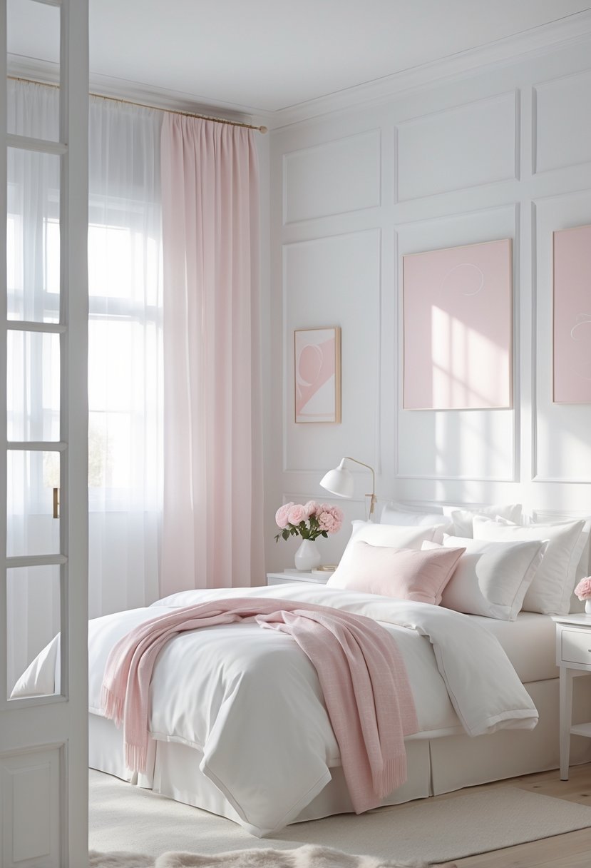 A bright bedroom with white paneled walls, a bed with pale pink and white bedding, pale pink artwork on the walls, and natural light coming through sheer curtains.
