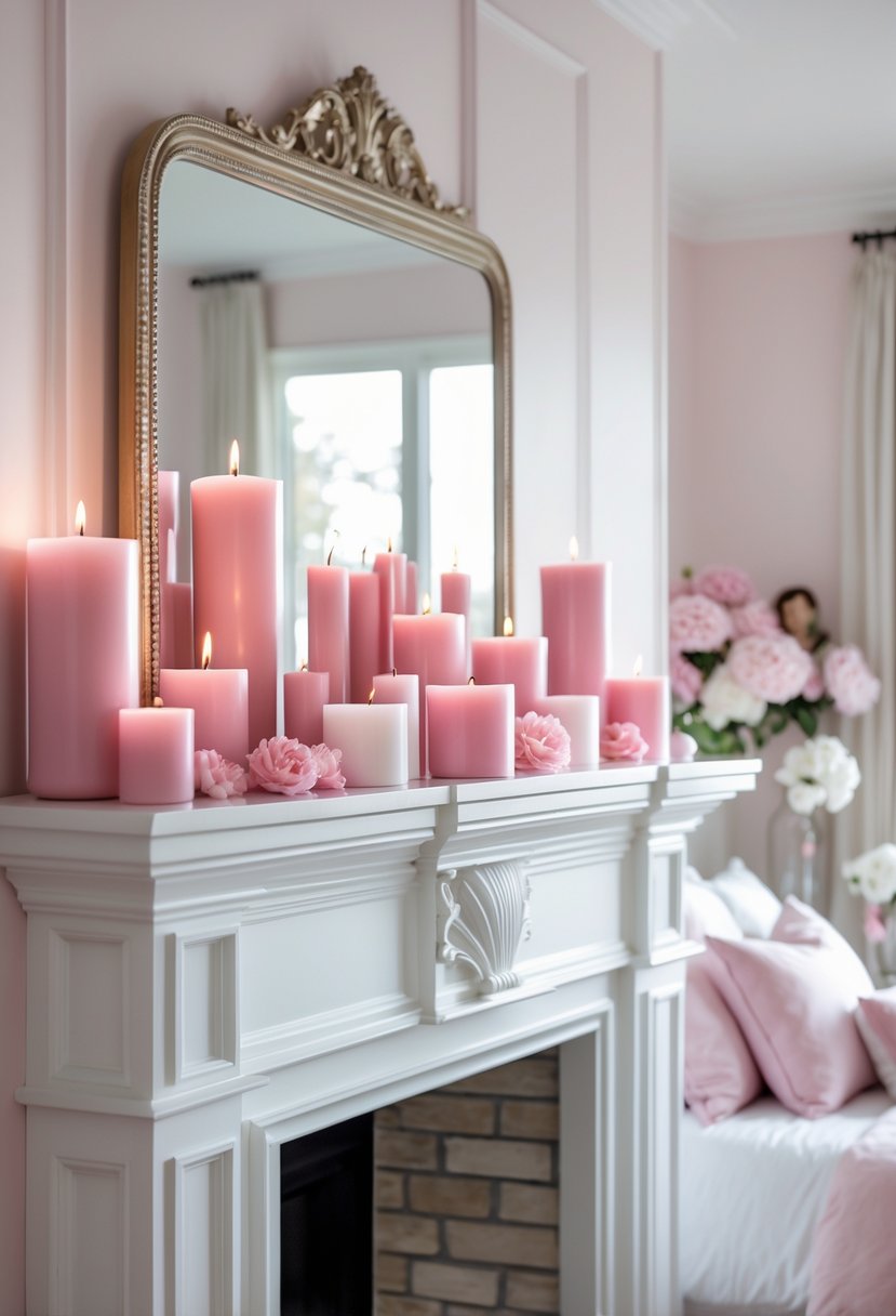White fireplace mantel decorated with pink candles in a bedroom with pink and white bedding and decor.