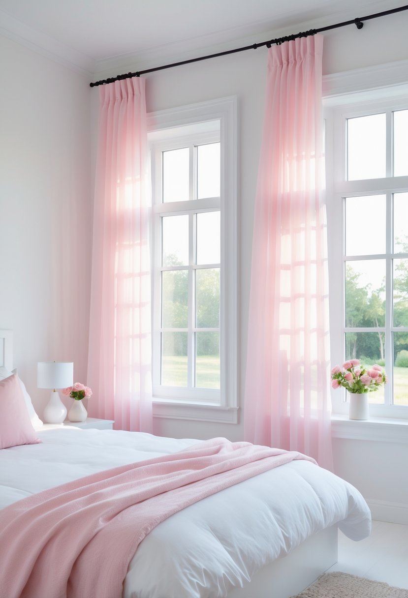 A bedroom with white framed windows and pink sheer curtains, featuring a bed with white and pink bedding and soft natural light.