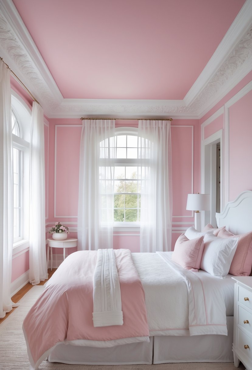 A bedroom with a pink ceiling, white crown molding, and a bed with pink and white bedding.