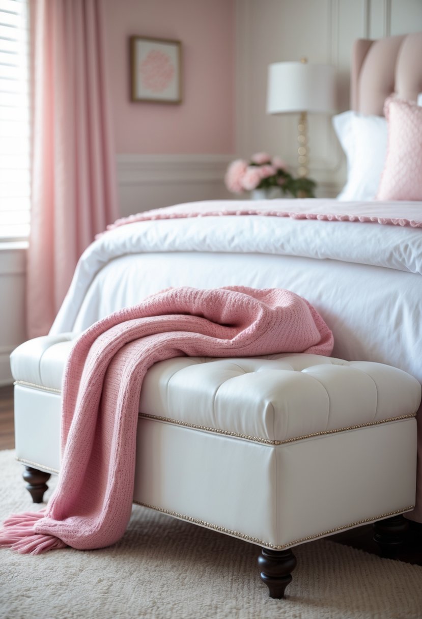White upholstered bench with a pink throw blanket in a pink and white bedroom.