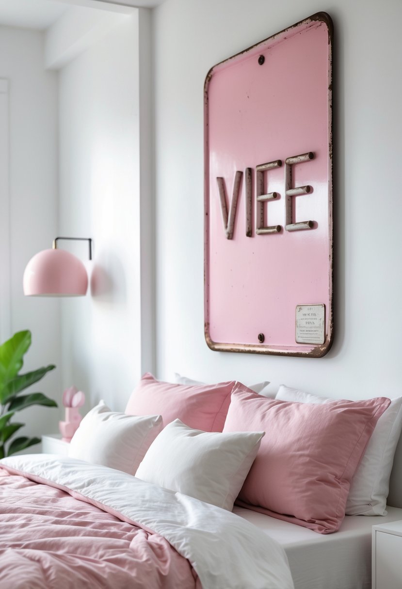 A pink metal vintage sign on a white wall in a bedroom with pink and white bedding.