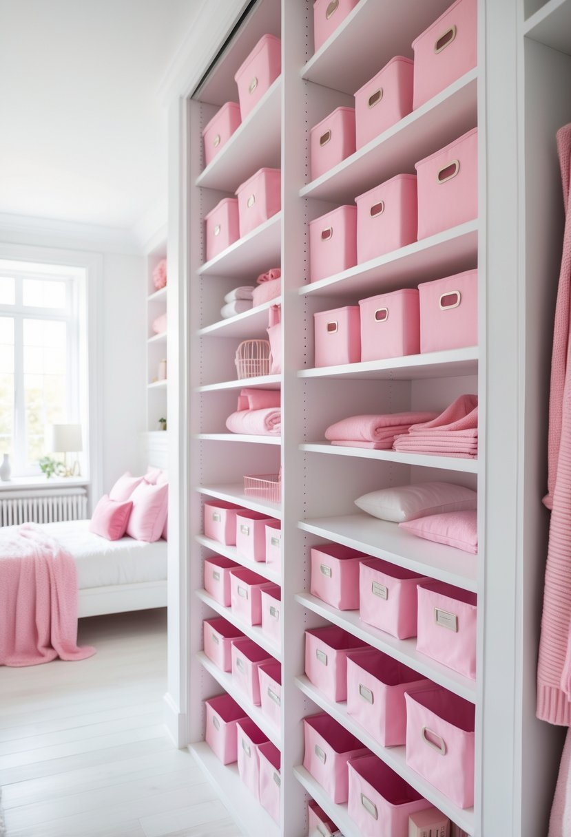 A white walk-in closet with pink storage bins next to a pink and white bedroom.