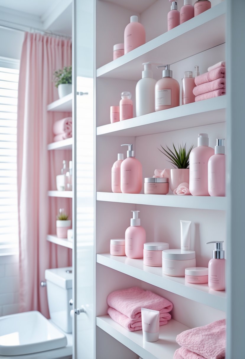 Pink toiletries arranged on white bathroom shelves in a bright bathroom setting.