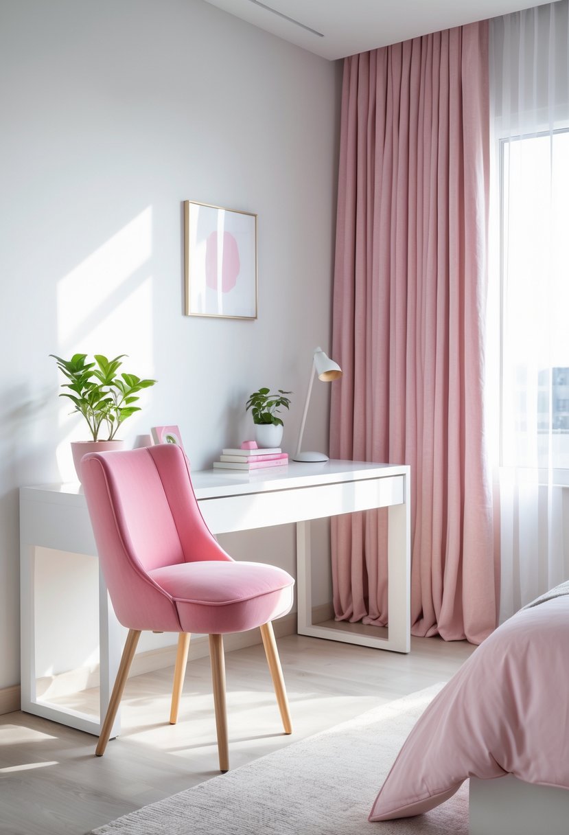 A bedroom with a white desk and a pink chair, featuring pink and white bedding and soft natural light.