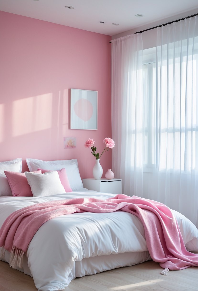 A bedroom with a white bed and pink pillows, pink accent wall, white curtains, and a bedside table with pink flowers.