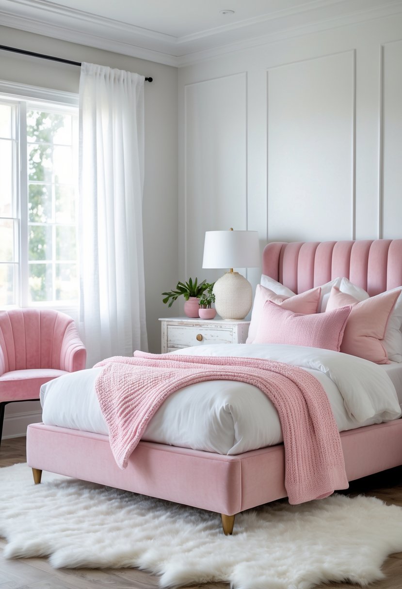 A pink and white bedroom with a bed, pillows, throw blankets, bedside table with lamp, an armchair, dresser, and plants.
