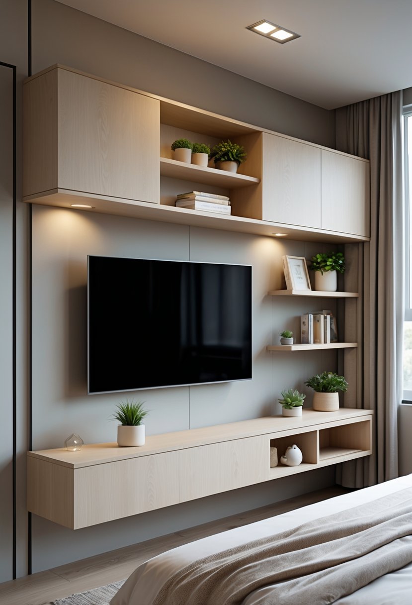 A bedroom with a modern wall-mounted TV unit and storage shelves, showing a neatly made bed and soft natural light.