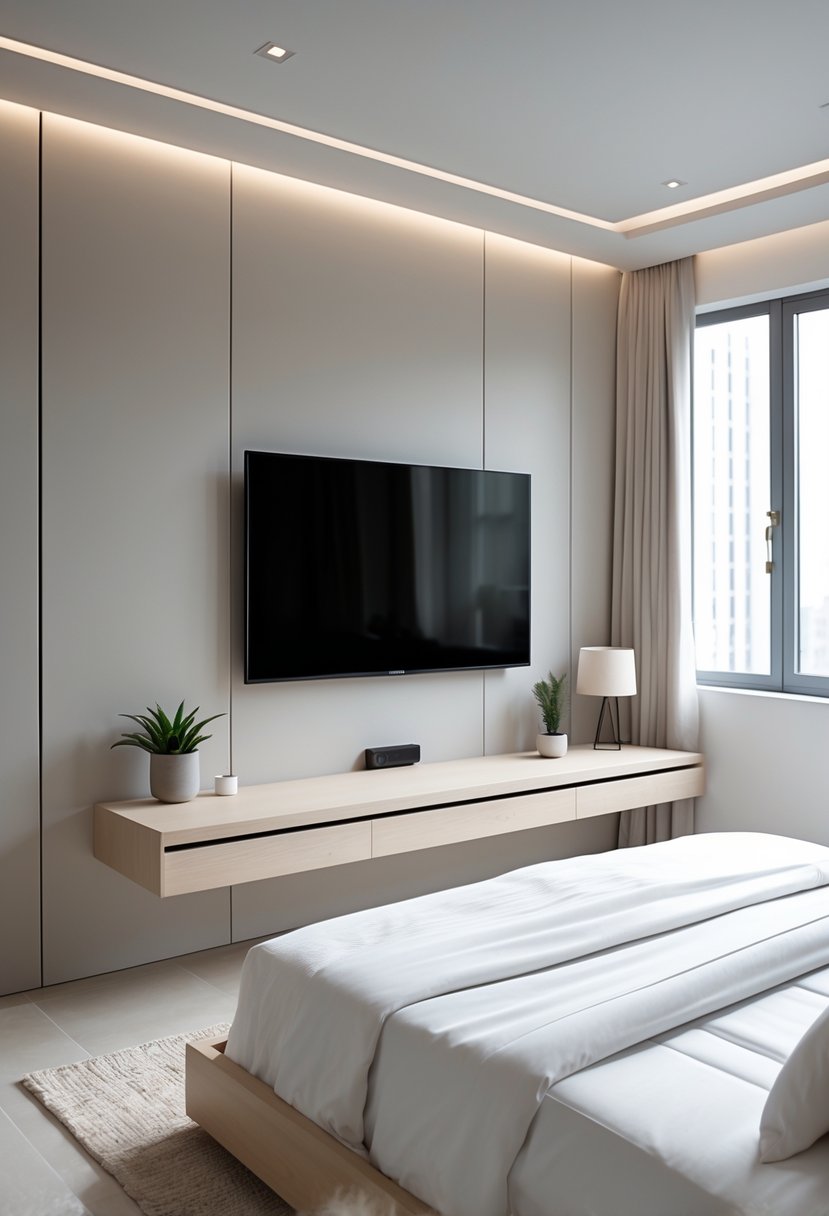 A bedroom with a wall-mounted floating TV unit above a bed, featuring natural light and simple decor.