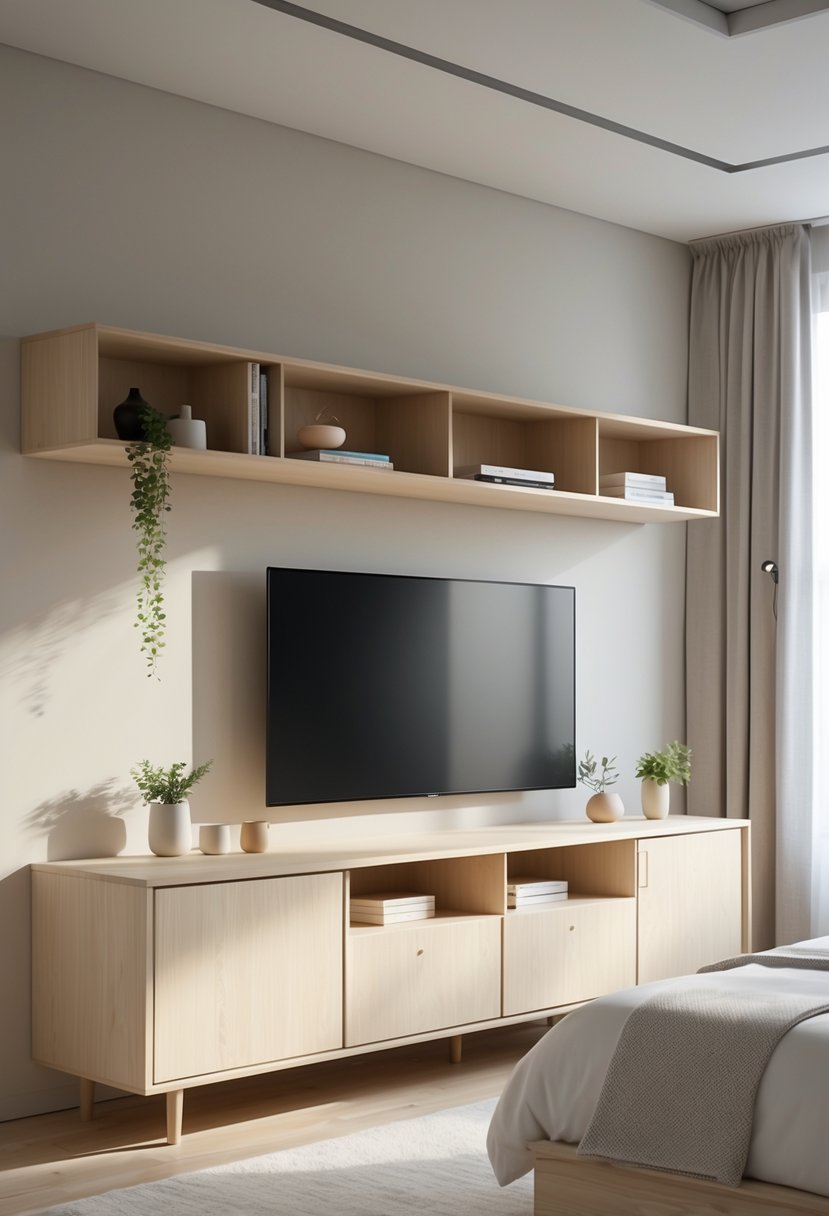 A bedroom with a light wood TV cabinet and a television on or above it, with natural light coming through a window.