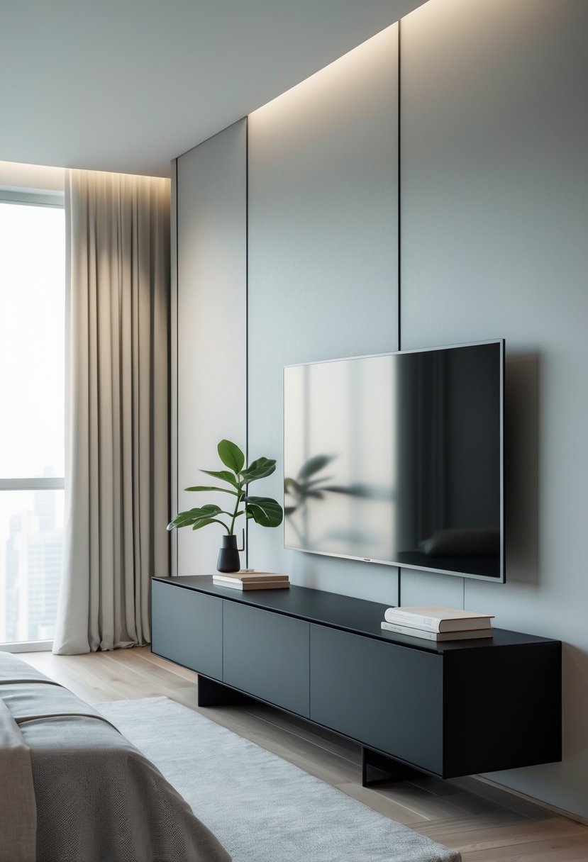 A black TV console in a bedroom with a flat-screen television and minimal decoration.