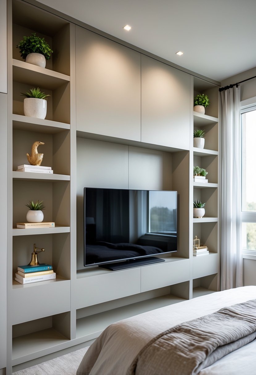 A bedroom with built-in shelving that includes a space for a television and decorative items on the shelves.