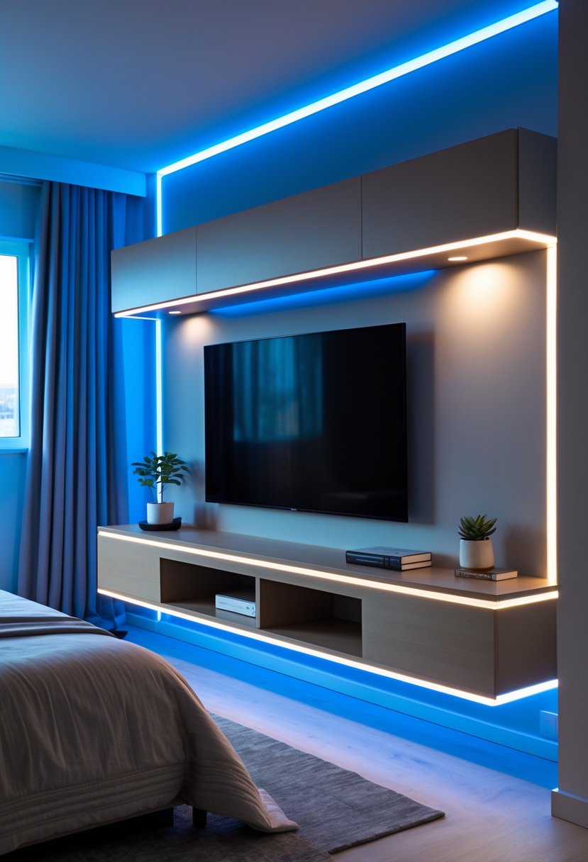 A bedroom with a modern TV unit lit by ambient LED lights, a bed, and minimal decor.