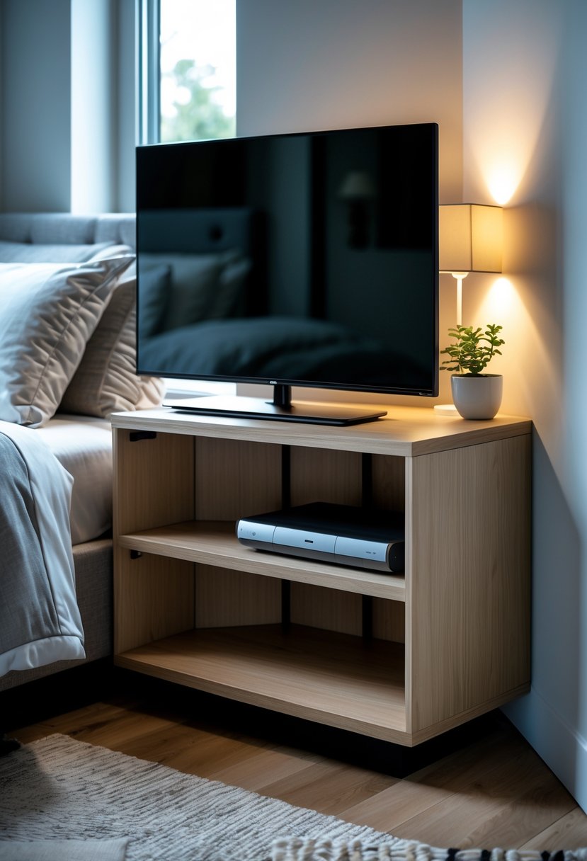 A compact corner TV stand with a flat-screen TV in a bedroom next to a bed and a bedside table.