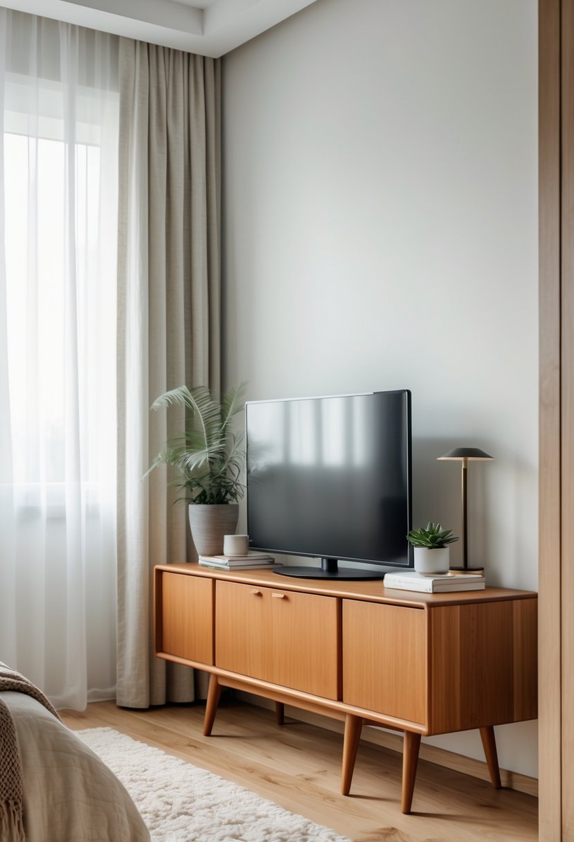 A bedroom with a wooden TV unit holding a flat-screen television and decorative items, with part of the bed and a window visible.