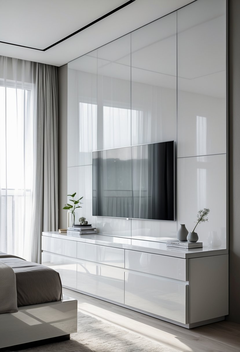 A bedroom with a white high-gloss TV unit holding a flat-screen television, surrounded by minimalistic decor and natural light.