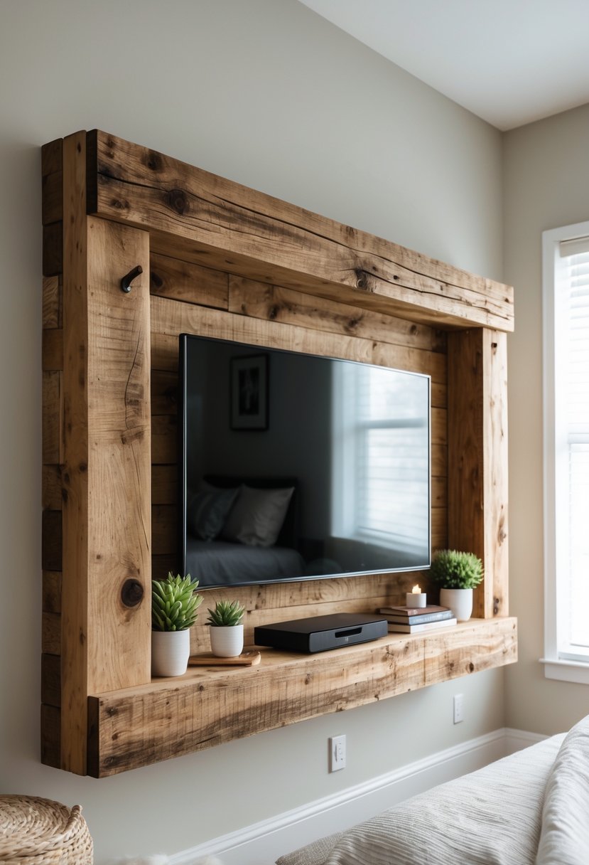 A bedroom with a mounted wooden TV shelf holding a flat-screen television and decorative items, with a bed and soft natural light in the background.