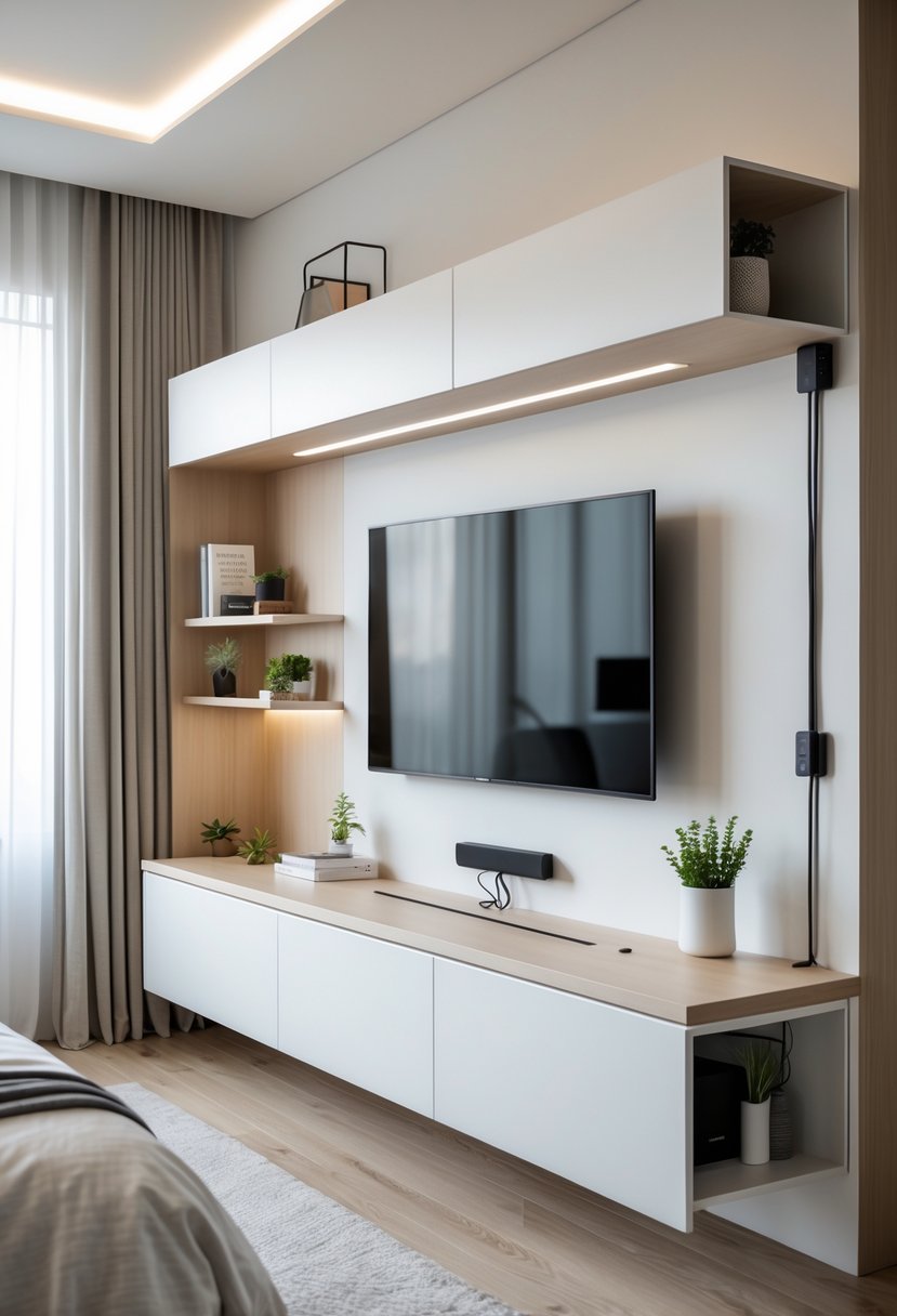 A bedroom with a modern media unit and a mounted TV, showing no visible cables or wires.