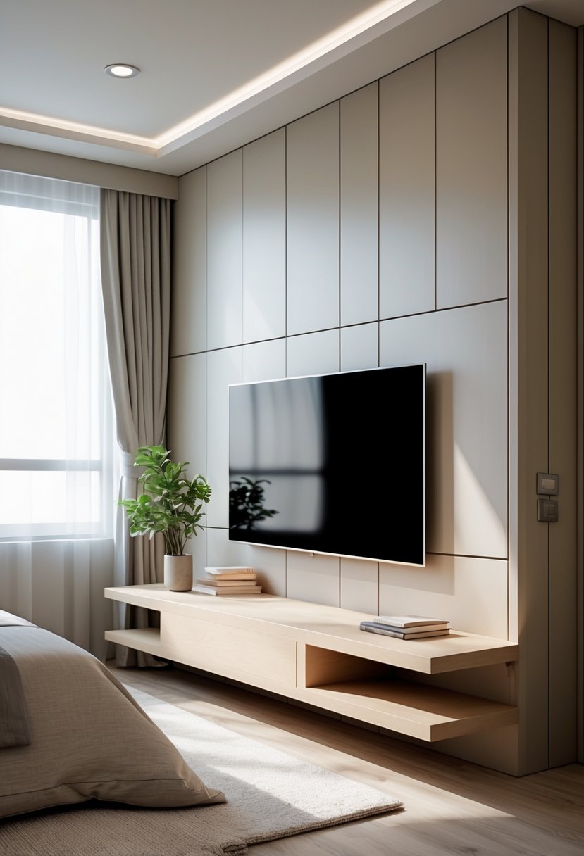 A bedroom with a low-profile platform TV unit under a wall-mounted flat-screen television, featuring a bed and a small plant on the unit.