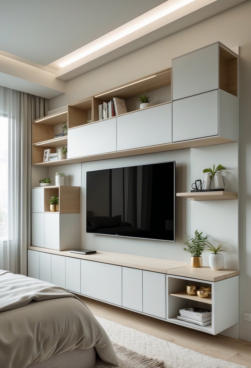A bedroom featuring a modular TV storage system with shelves and cabinets surrounding a mounted flat-screen television.