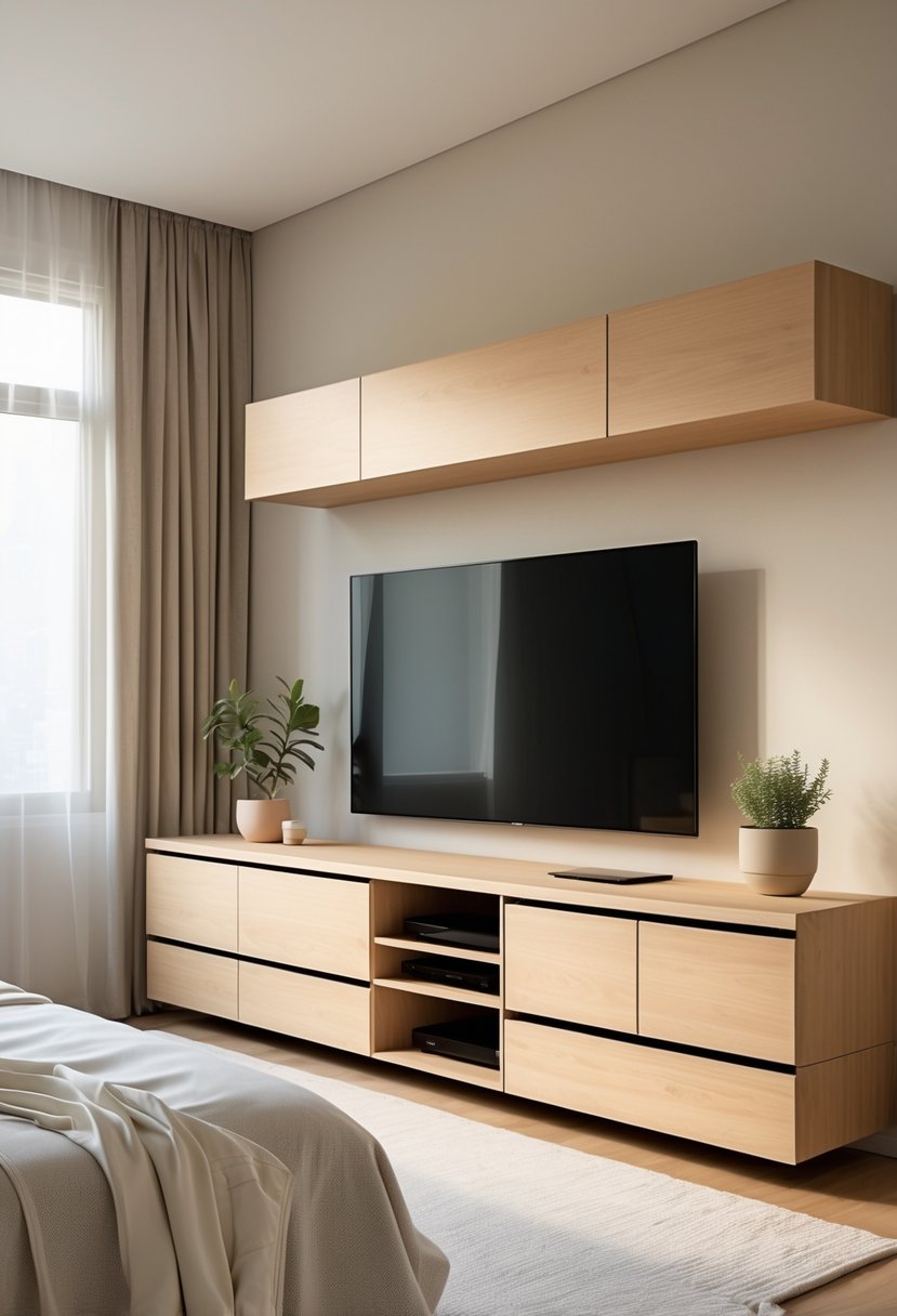A bedroom with a modern TV unit featuring integrated drawers and a flat-screen television.