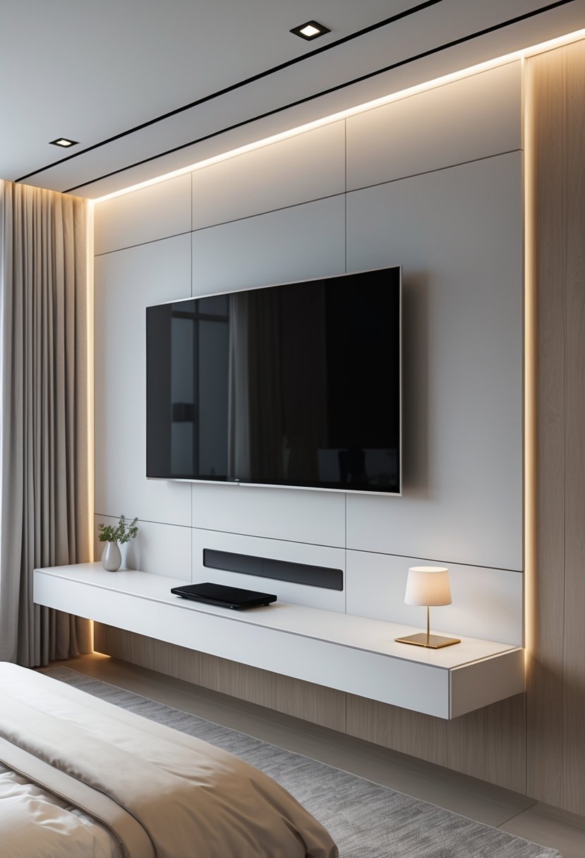 A bedroom with a wall-mounted TV above a modern TV unit, featuring hidden wiring and a tidy, organized setup.