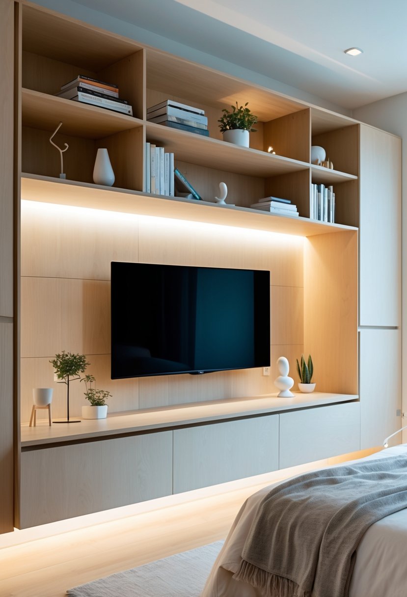 A bedroom with a TV unit that has open shelves displaying decor and closed cabinets for storage.