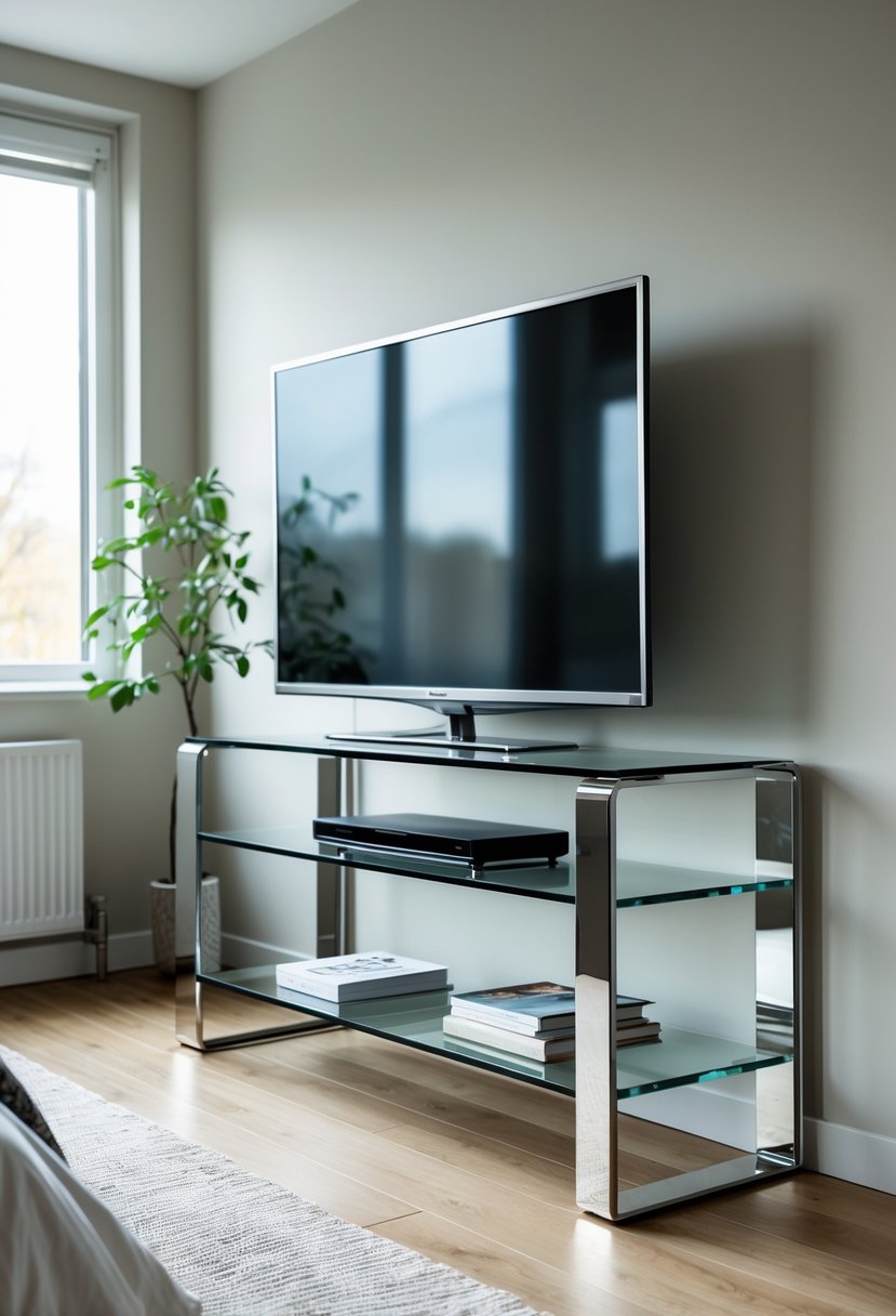A bedroom with a sleek glass and metal TV stand holding a flat-screen television, with natural light and wooden flooring.