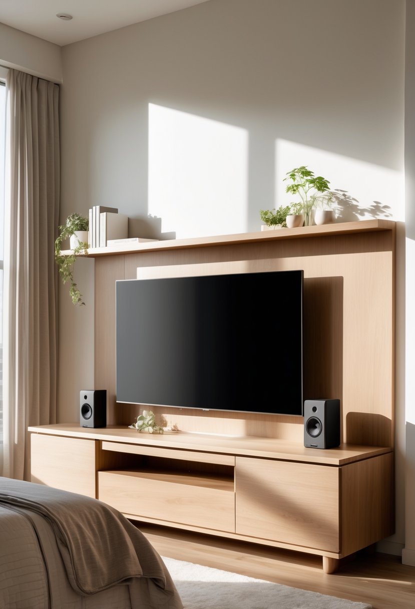 A bedroom with a TV unit that has a built-in sound system and a flat-screen television.