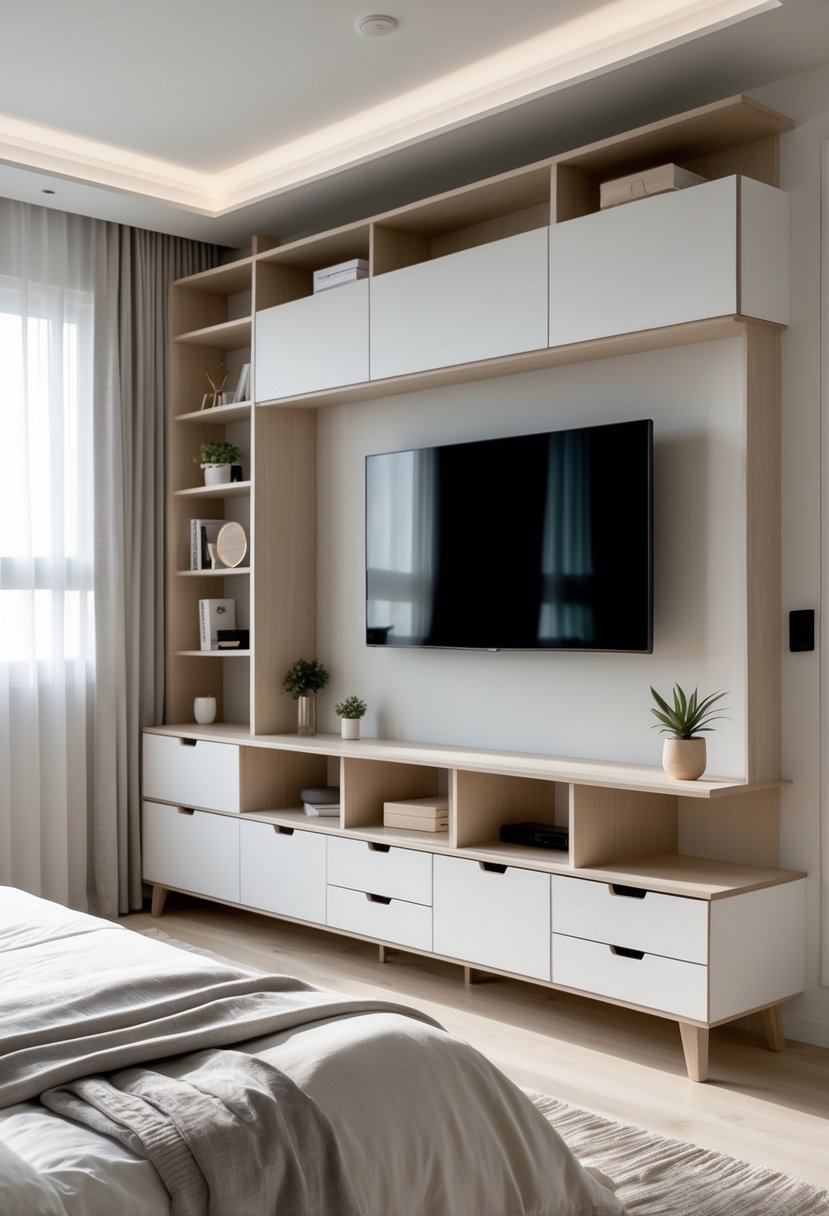 A bedroom with a neatly made bed facing a modern TV unit that has shelves and storage drawers, with a flat-screen TV mounted above it.