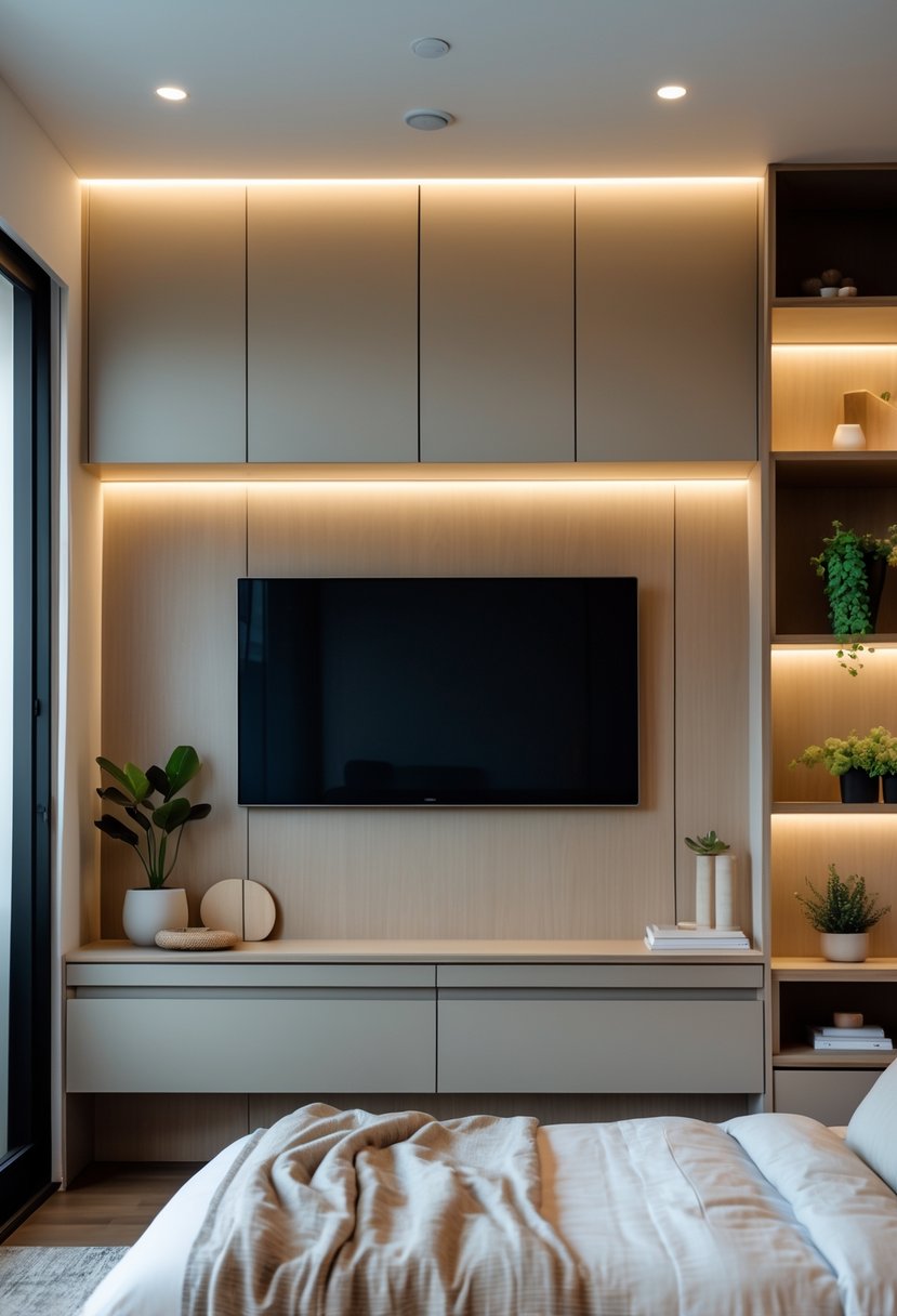 A bedroom with a wall-mounted TV integrated into custom cabinetry, a neatly made bed, and decorative plants.