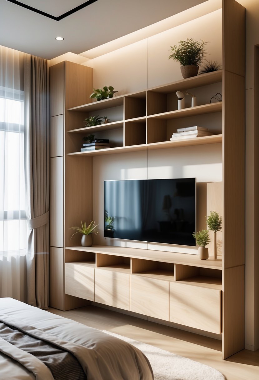 A bedroom with a modern TV unit mounted on the wall, featuring shelves with decor items and closed storage, next to a neatly made bed.