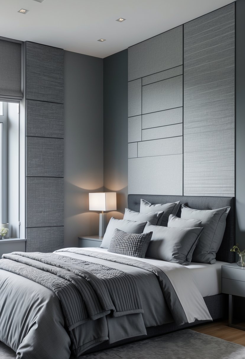 A bedroom with a bed, bedside table, and lamp, decorated in various shades of grey with textured walls and bedding.