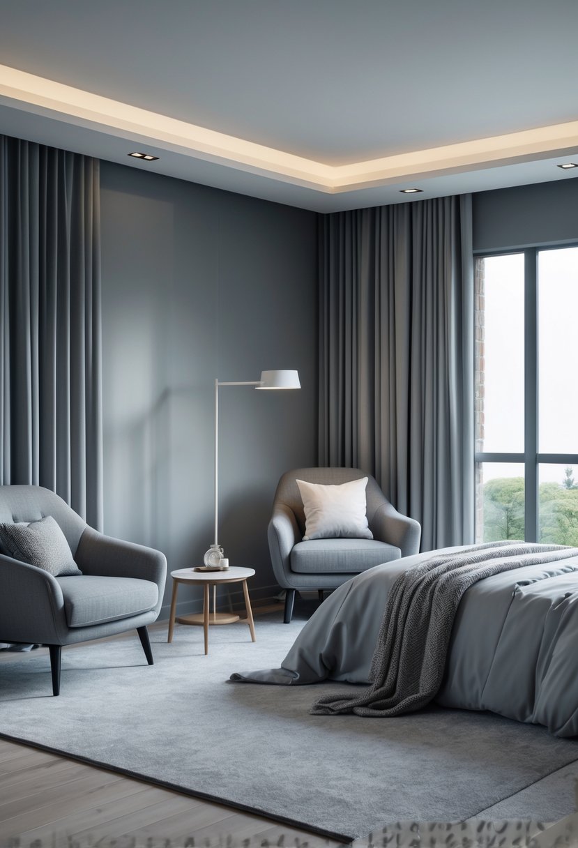 A master bedroom with grey walls and bedding, featuring a sitting area with an armchair and coffee table near a window.