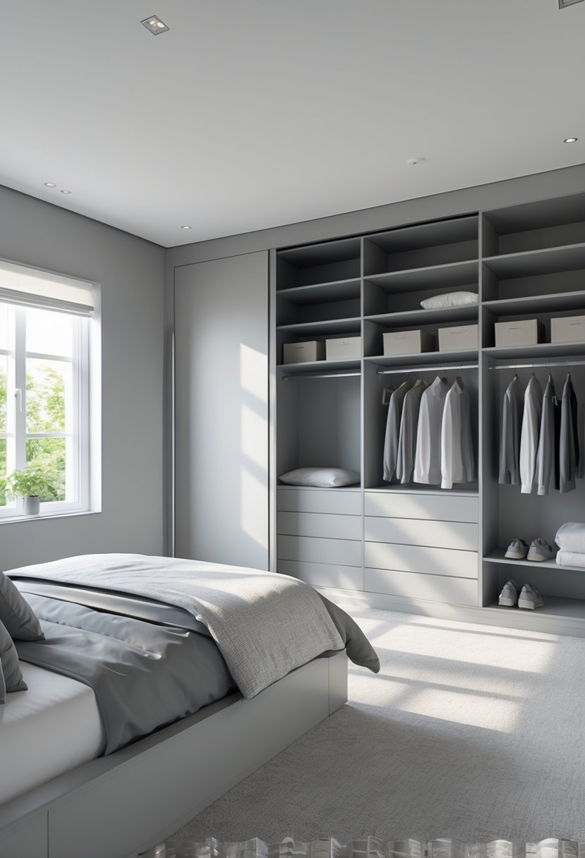 A grey bedroom with a large bed and an open walk-in closet filled with organized clothes and shelves.