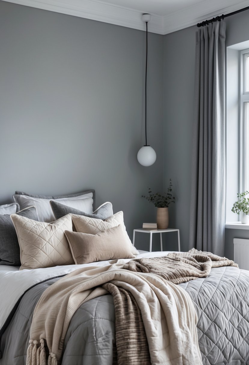 A bedroom with grey walls, a bed with quilted pillows and cozy throws, and soft natural lighting.