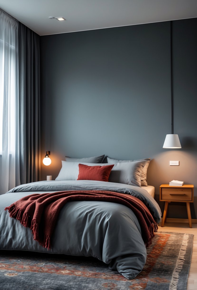 A bedroom with grey walls, a bed with grey and rusty red bedding, a wooden nightstand with a lamp, and natural light coming through a window.
