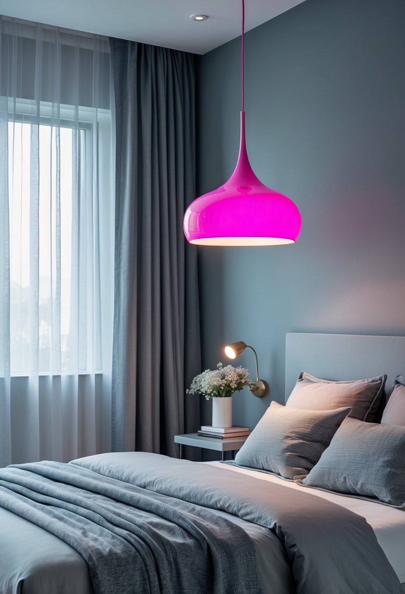 A bedroom with grey walls and bedding, featuring a pink hanging lamp above the bedside table.