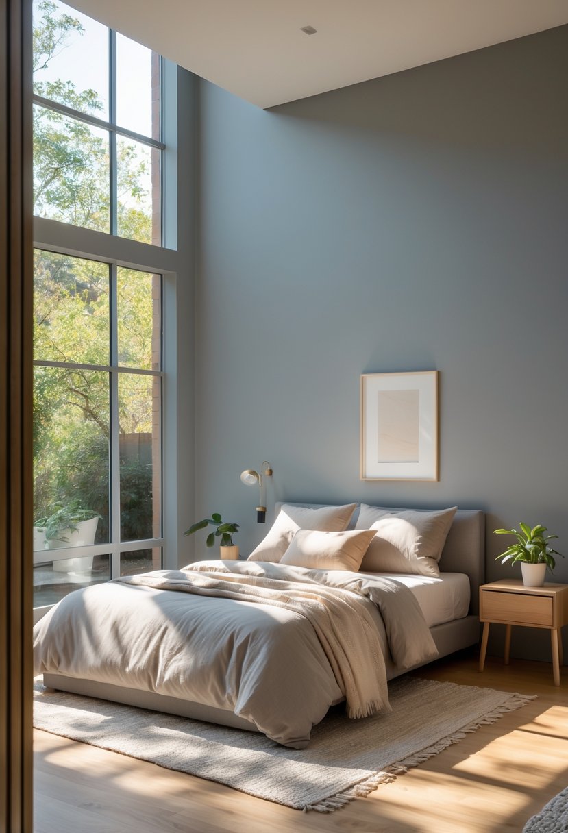 A sunlit bedroom with cool grey walls, a neatly made bed, and a window letting in natural light.