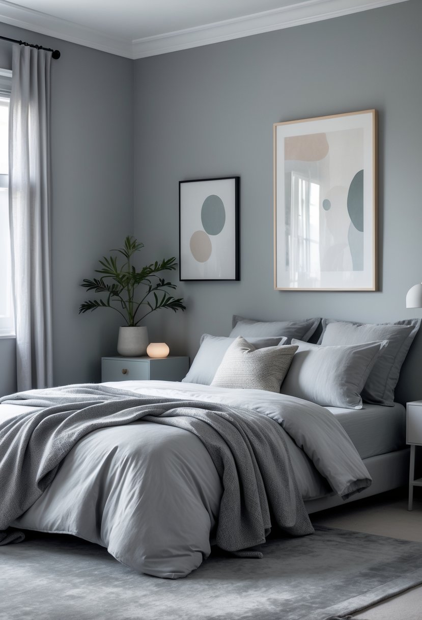 A bedroom with pale grey walls, a neatly made bed with grey linens, a nightstand, an armchair, a small plant, and a framed artwork on the wall.