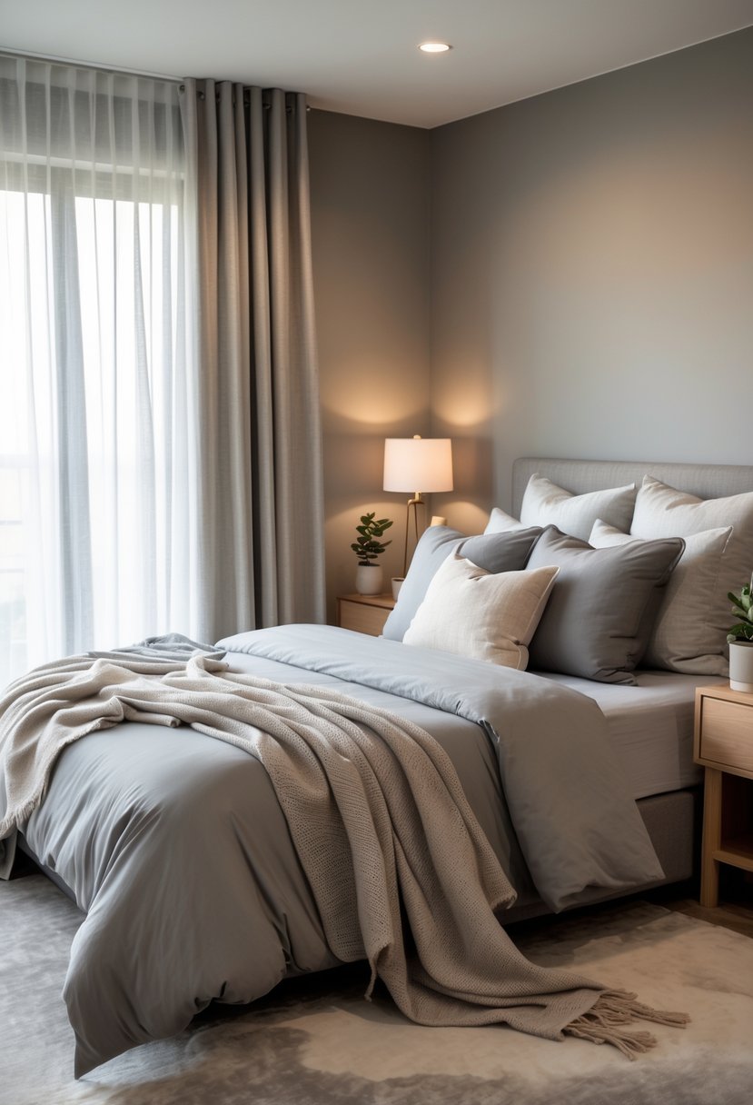 A cozy bedroom with a bed, soft bedding, pillows, nightstands, plants, and natural light coming through sheer curtains.